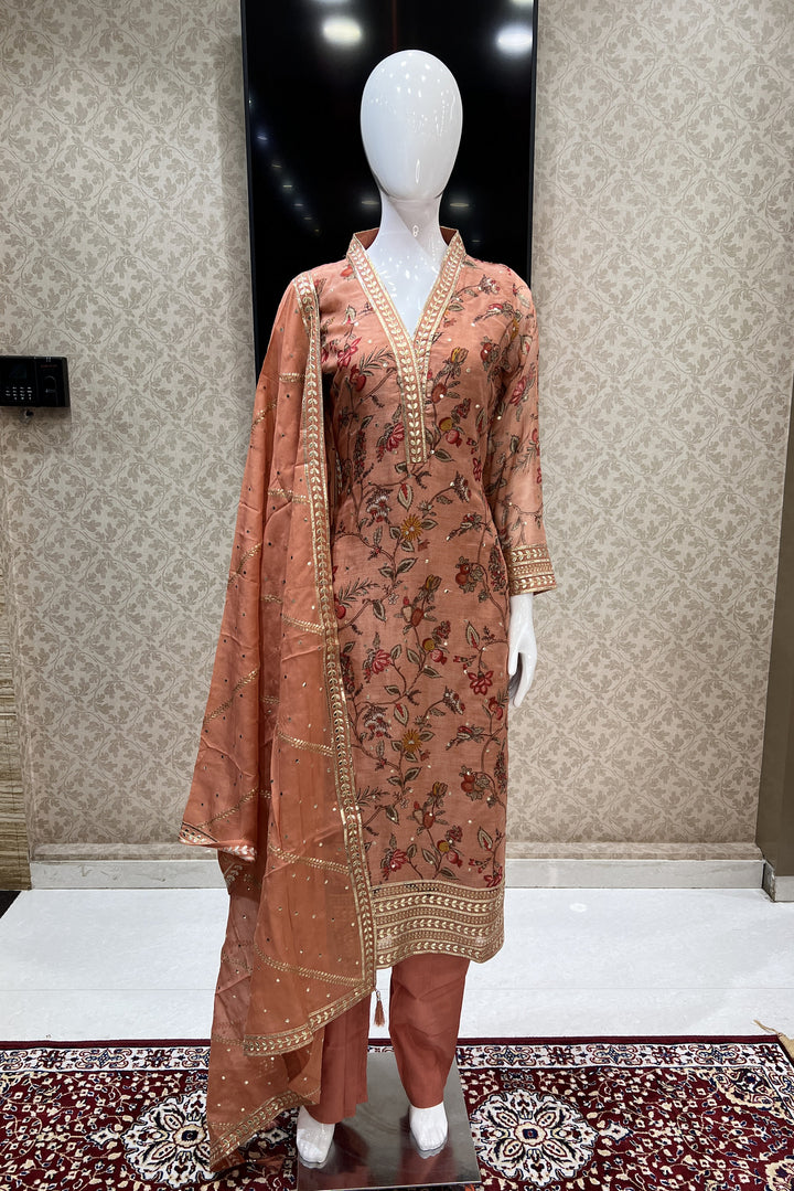 Rust Gota Patti, Sequins and Zari work with Digital Print Straight Cut Salwar Suit