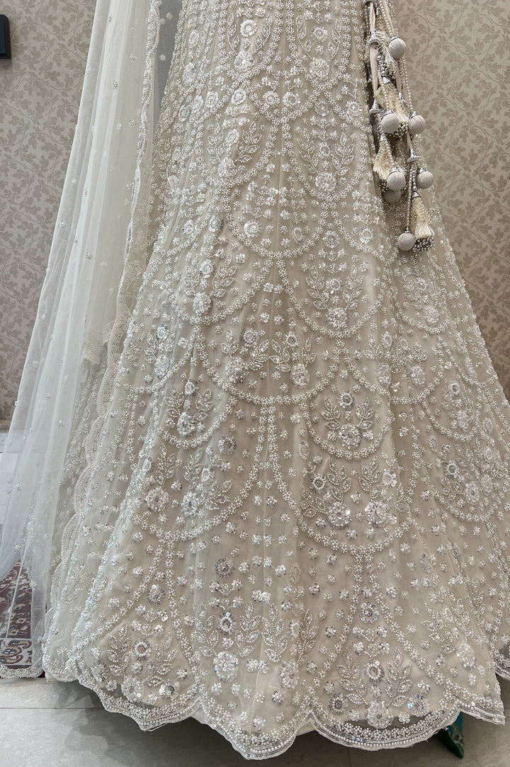 Cream Pearl, Sequins and Beads work Semi Stitched Designer Bridal Lehenga