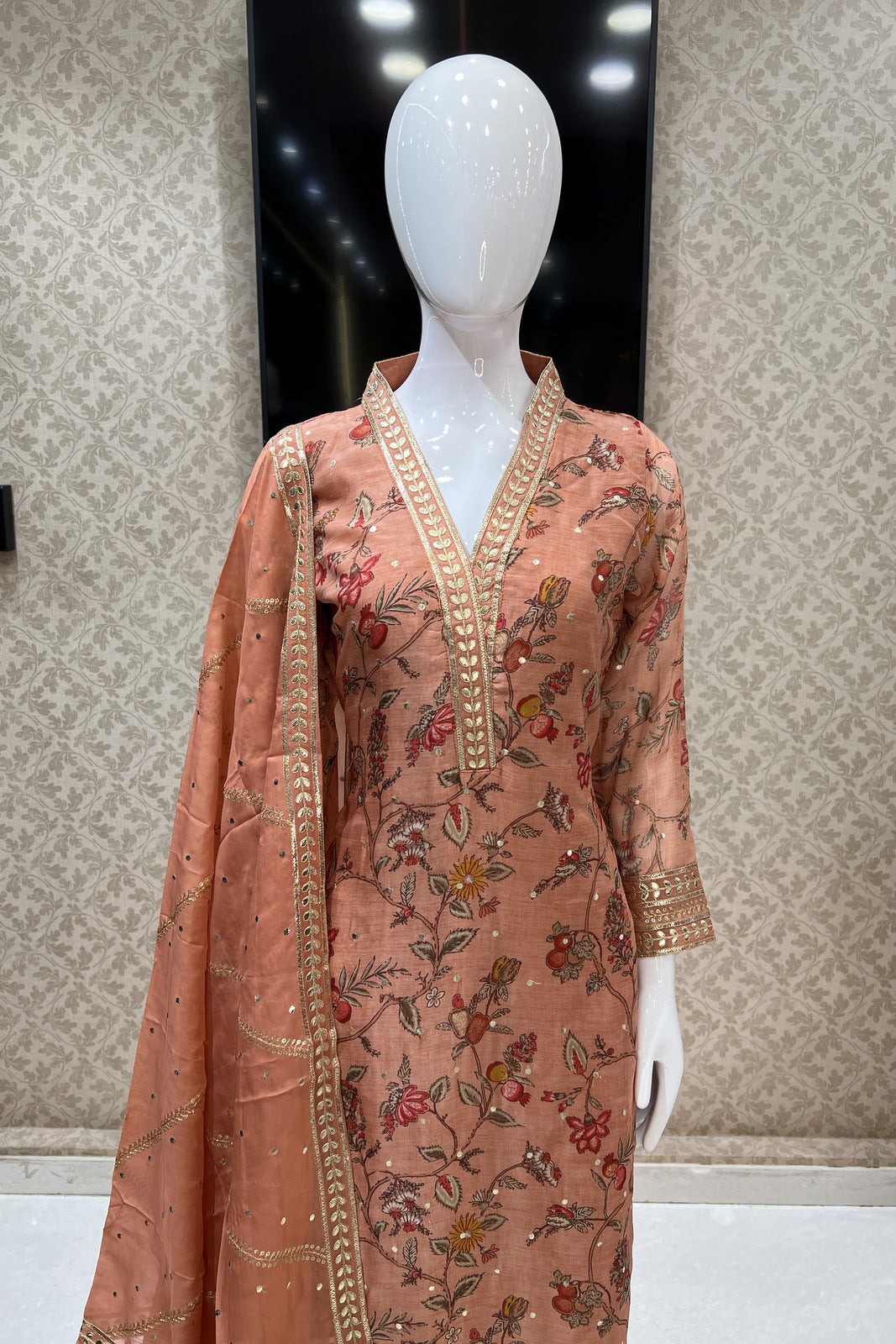 Rust Gota Patti, Sequins and Zari work with Digital Print Straight Cut Salwar Suit