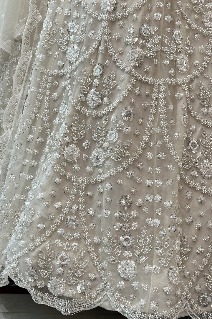 Cream Pearl, Sequins and Beads work Semi Stitched Designer Bridal Lehenga