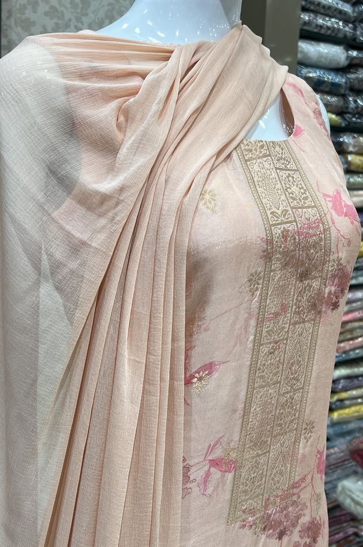 Peach Banaras work with Floral Print Straight Cut Salwar Suit
