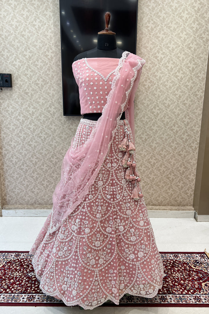 Pink Pearl, Sequins and Beads work Semi Stitched Designer Bridal Lehenga