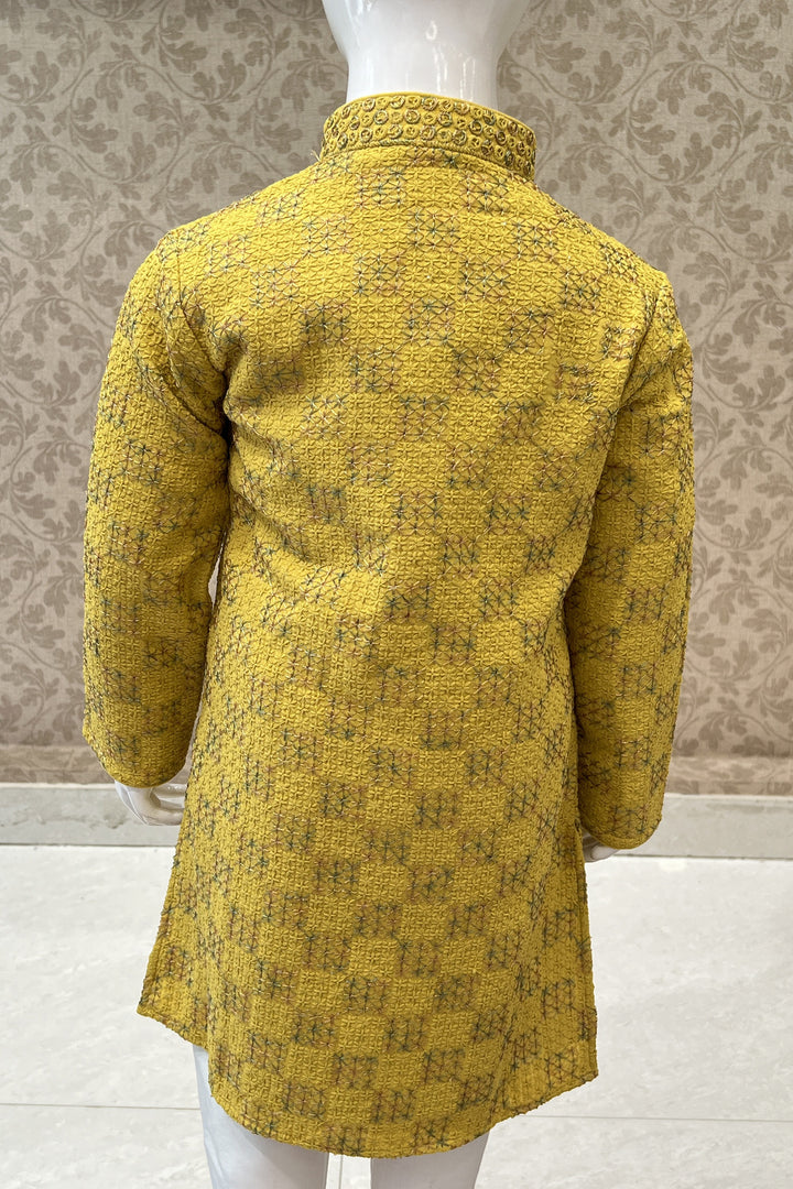 Yellow with White Lucknowi Thread work Kurta Set for Boys