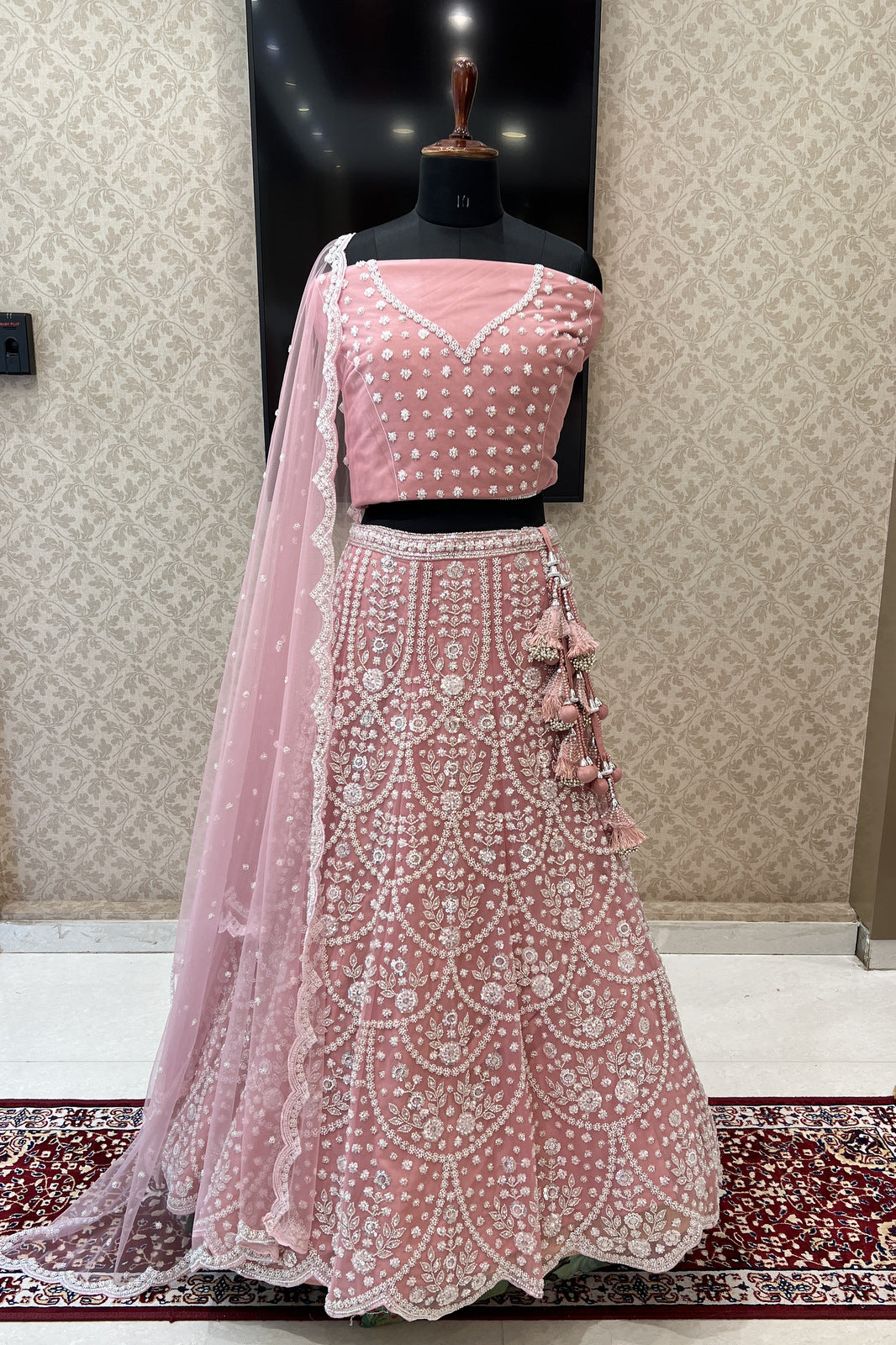 Pink Pearl, Sequins and Beads work Semi Stitched Designer Bridal Lehenga