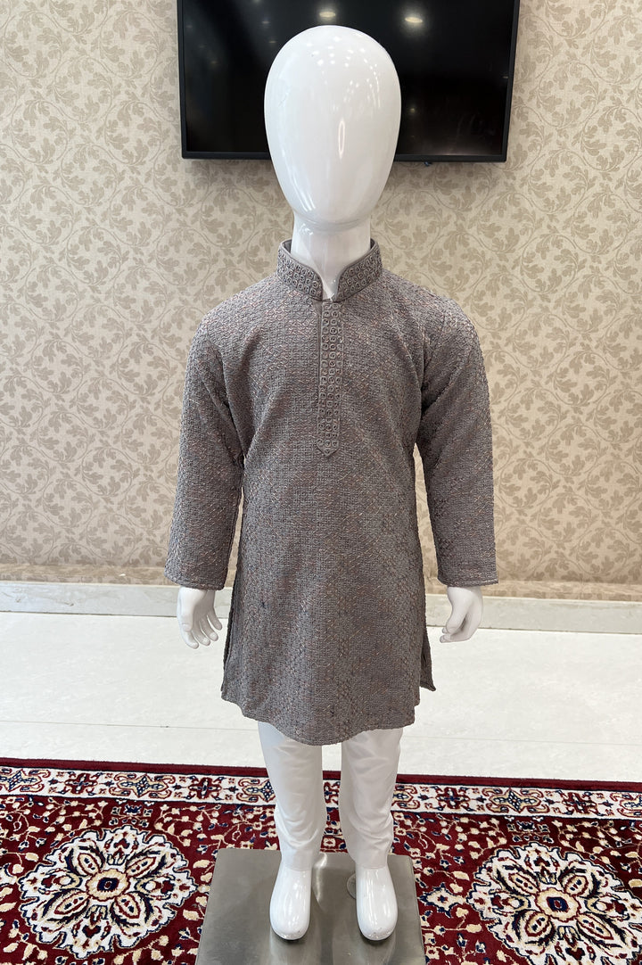 Grey with White Lucknowi Thread work Kurta Set for Boys