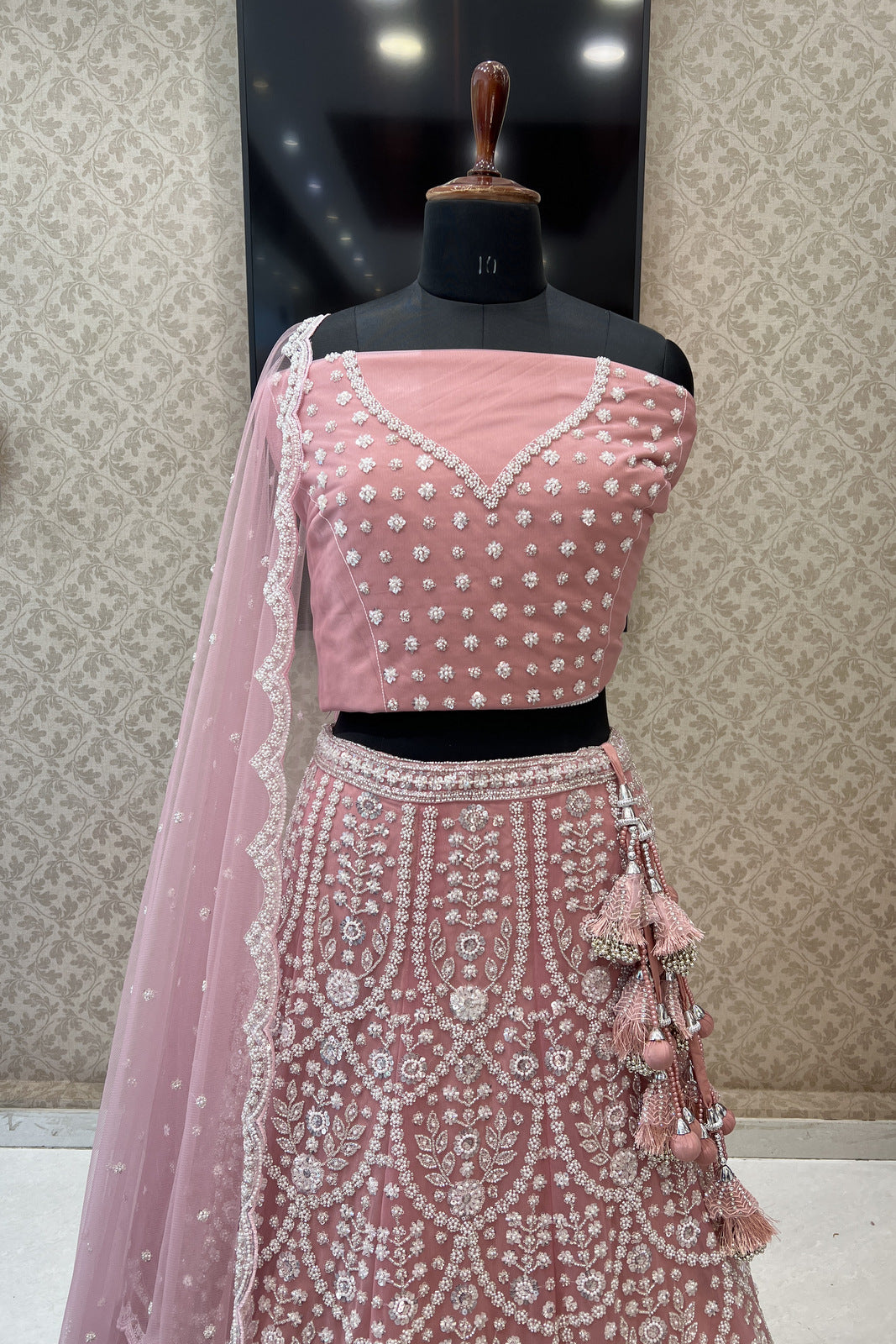 Pink Pearl, Sequins and Beads work Semi Stitched Designer Bridal Lehenga