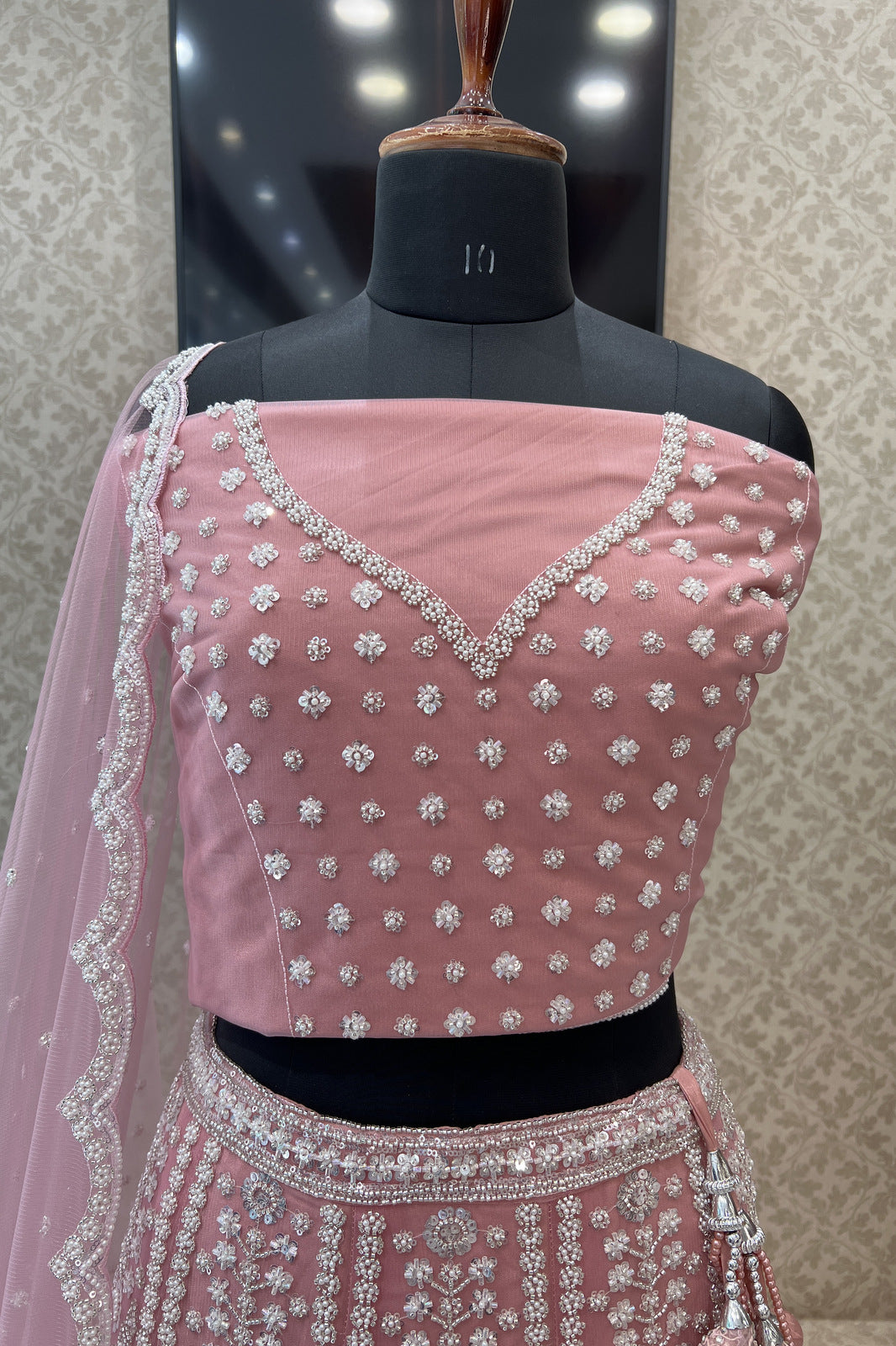 Pink Pearl, Sequins and Beads work Semi Stitched Designer Bridal Lehenga