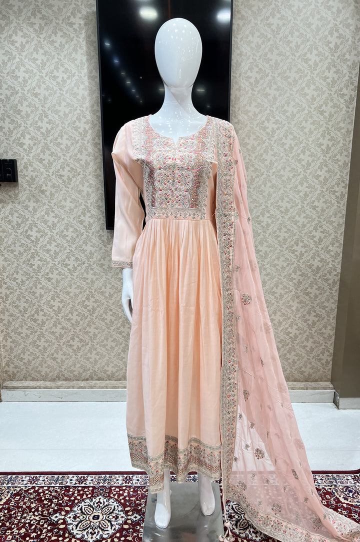 Peach Zari, Thread and Sequins work Salwar Suit with Straight Pants