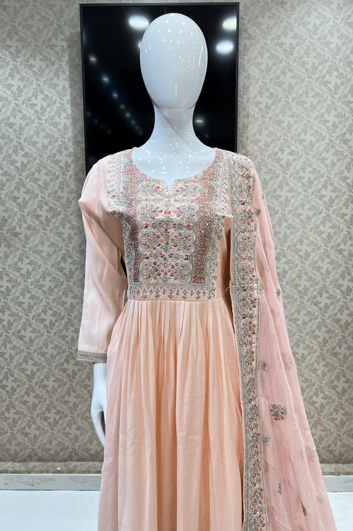 Peach Zari, Thread and Sequins work Salwar Suit with Straight Pants