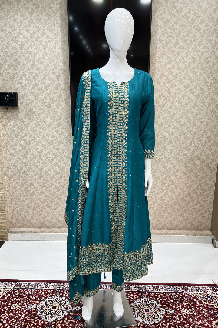Rama Green Zari and Sequins work Anarkali Style Salwar Suit