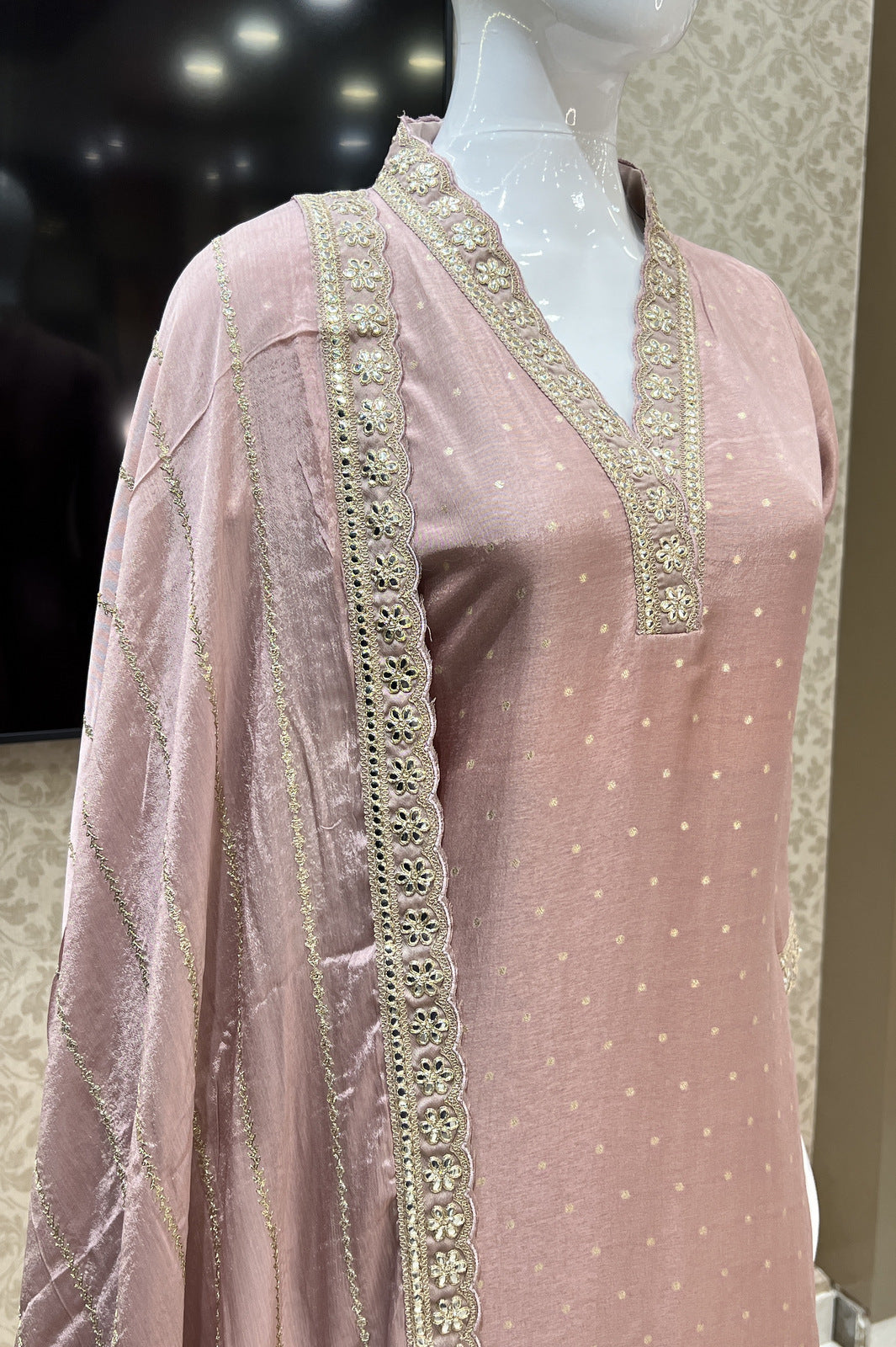 Onion Pink Zari and Sequins work Straight Cut Salwar Suit