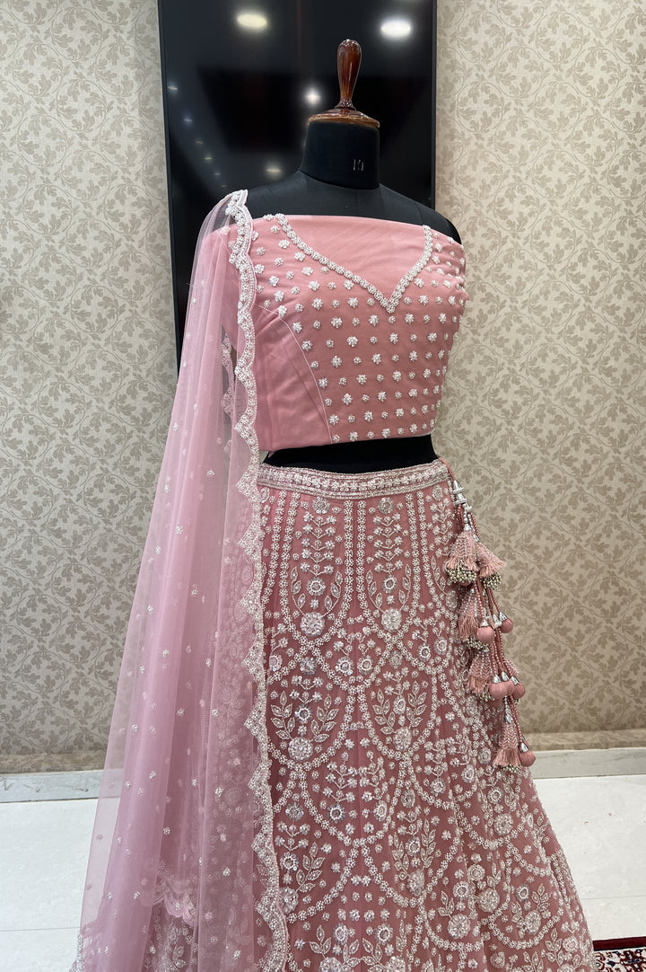 Pink Pearl, Sequins and Beads work Semi Stitched Designer Bridal Lehenga