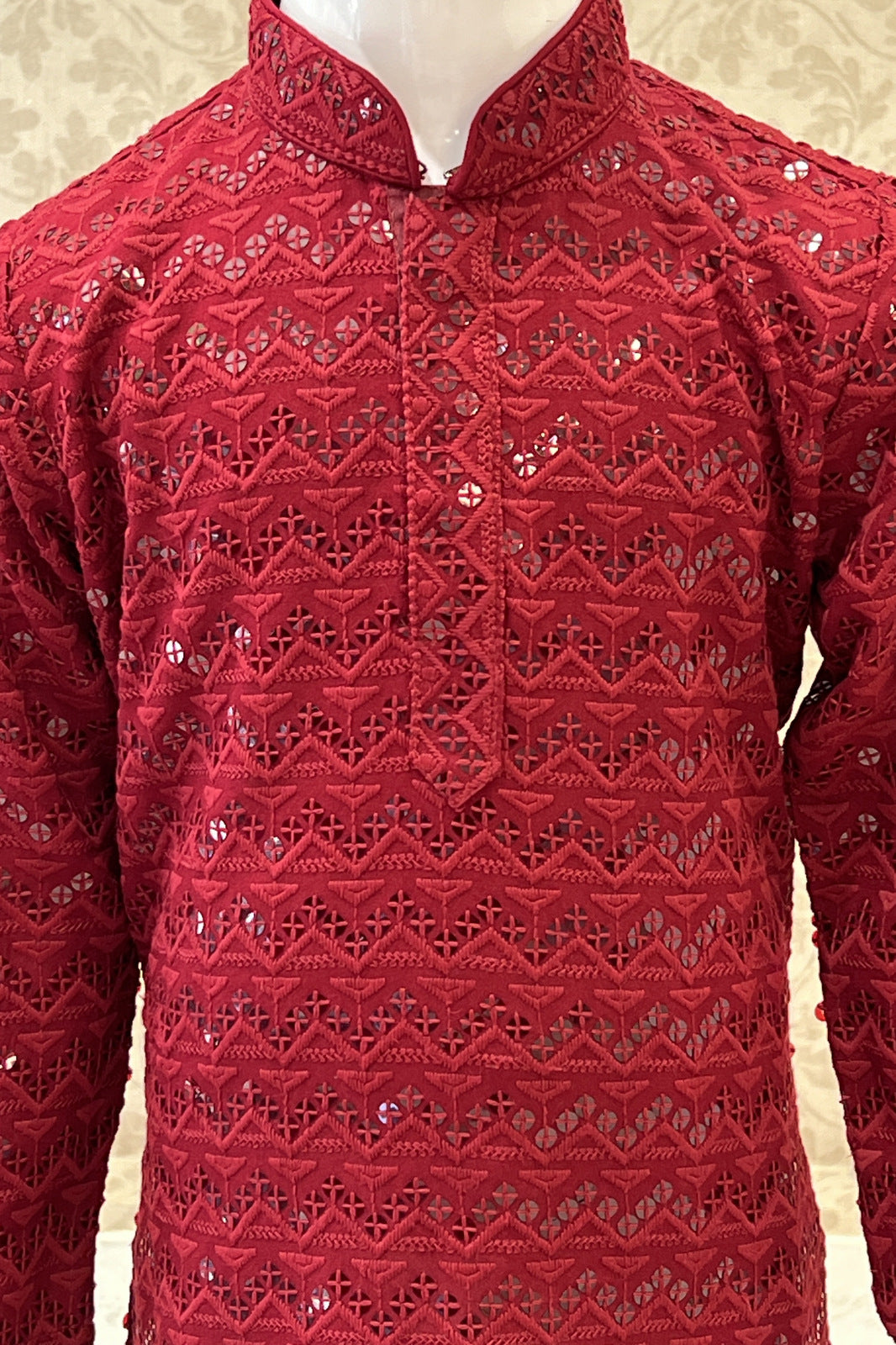 Maroon with White Lucknowi Thread and Sequins work Kurta Set for Boys