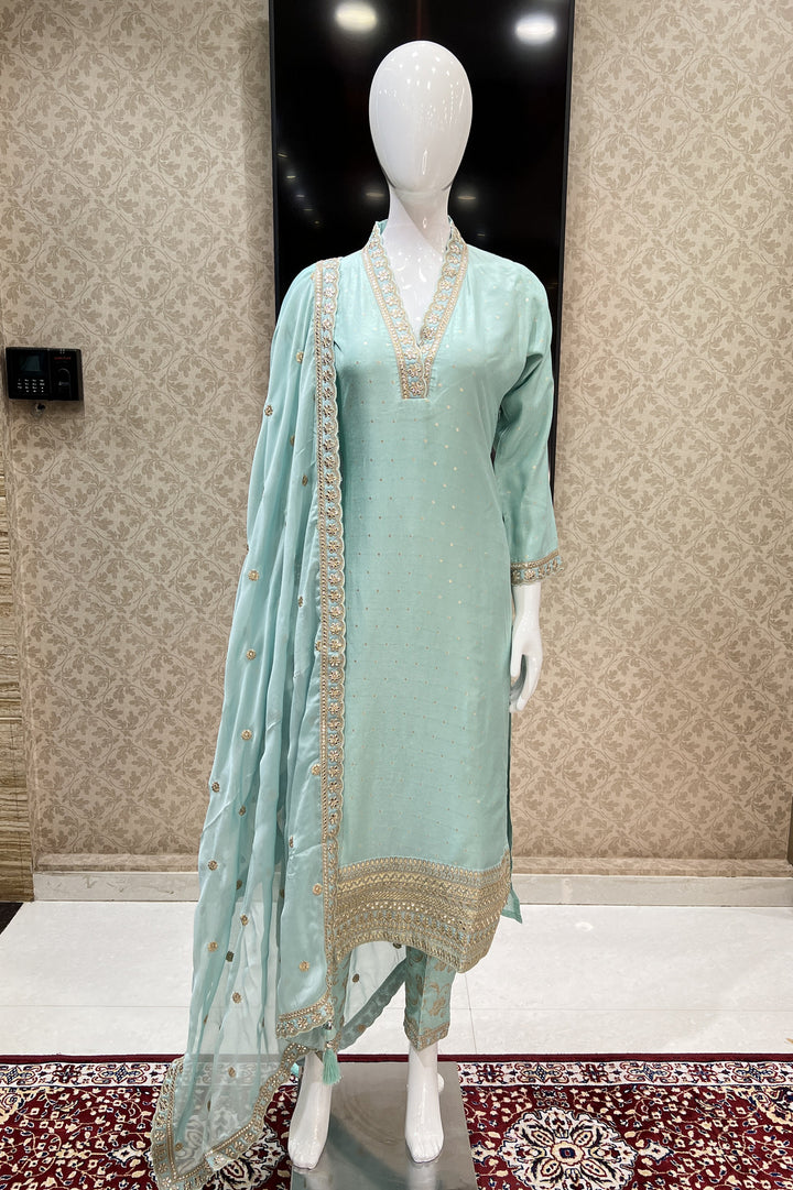 Sea Green Banaras, Sequins and Zari work Straight Cut Salwar Suit