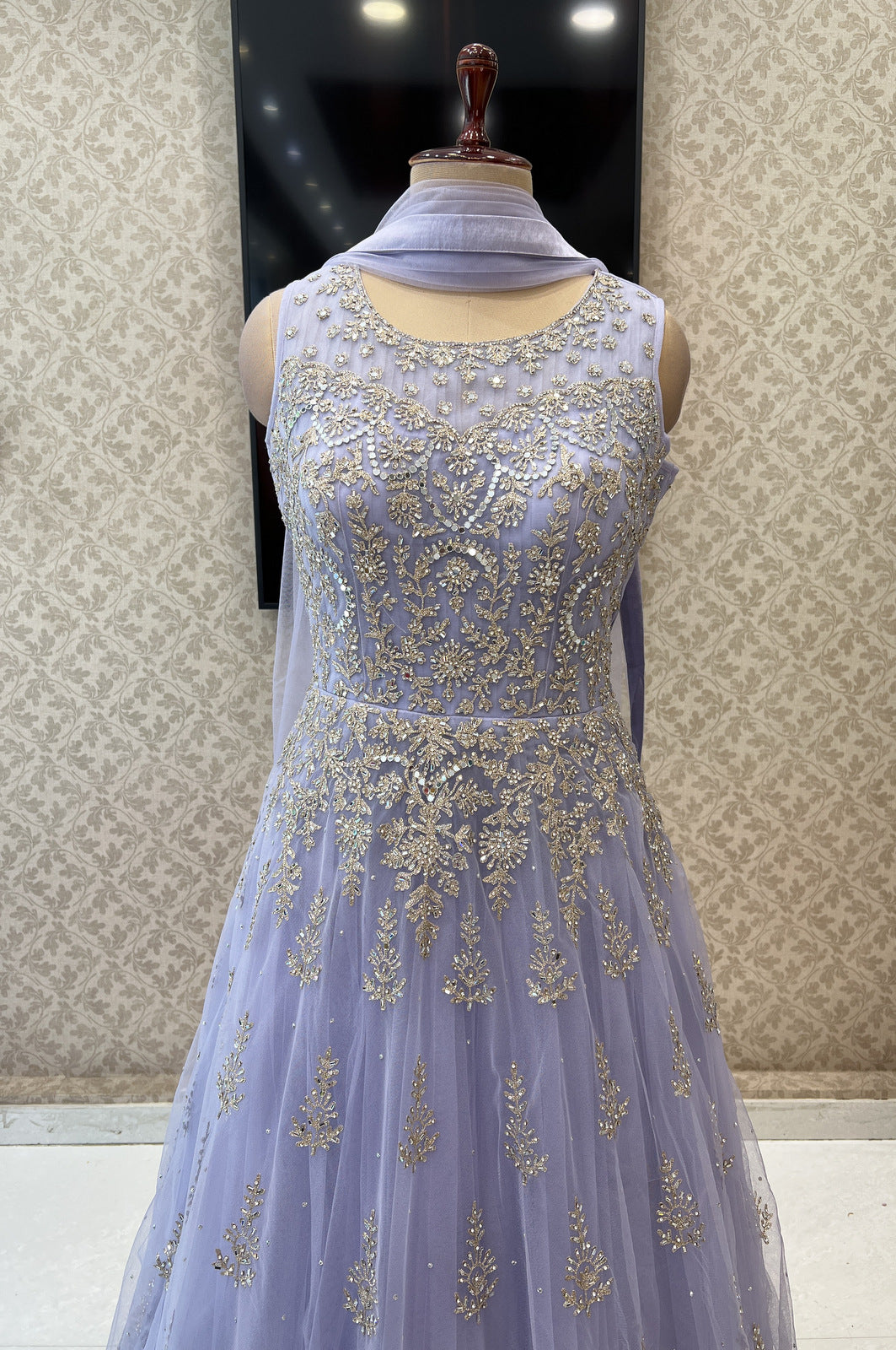 Lavender Mirror, Stone and Zari work Bridal and Partywear Gown