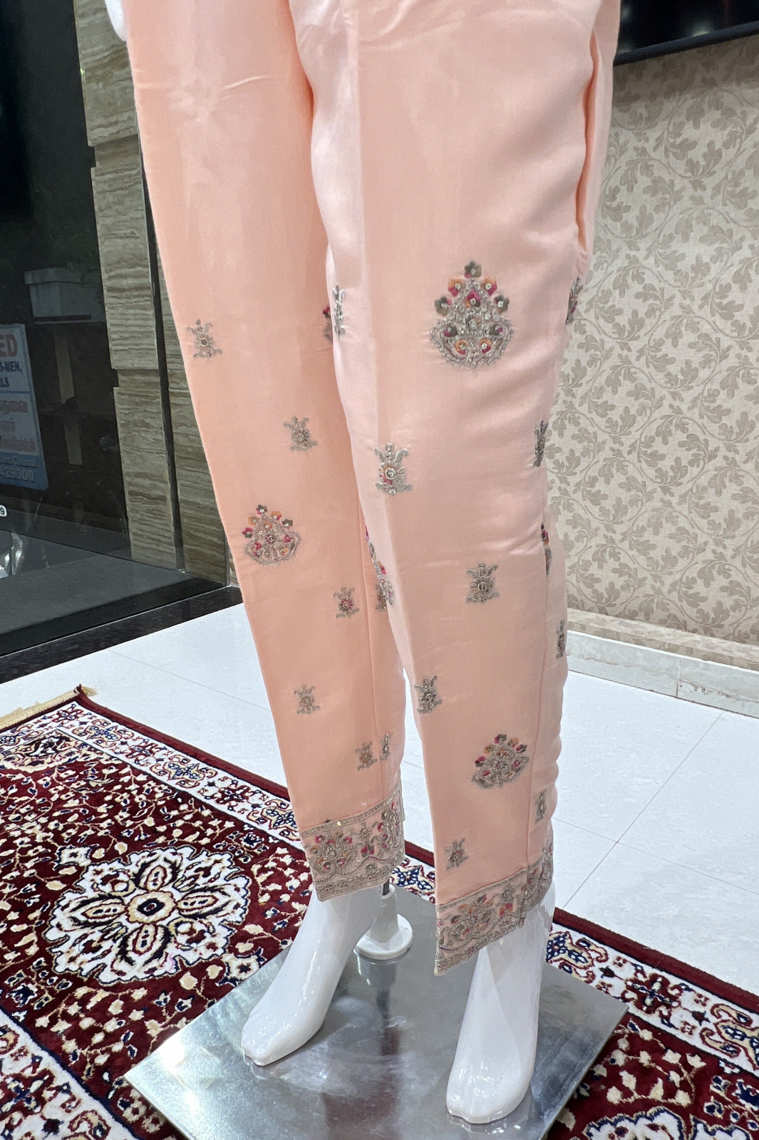 Peach Zari, Thread and Sequins work Salwar Suit with Straight Pants