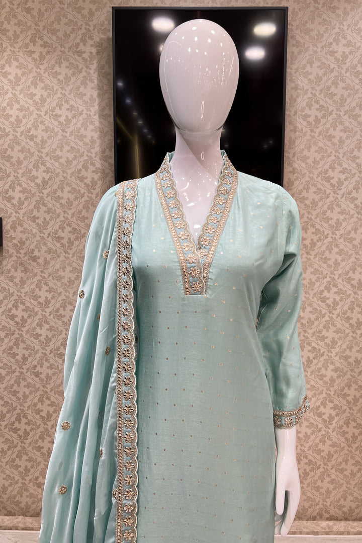 Sea Green Banaras, Sequins and Zari work Straight Cut Salwar Suit