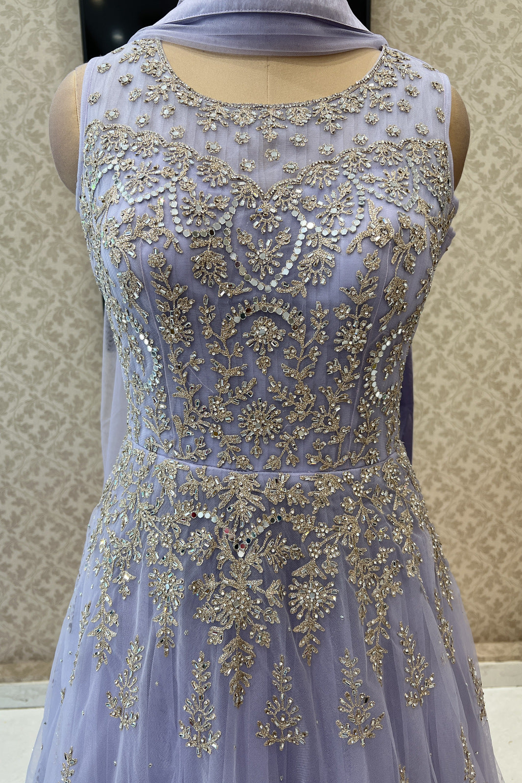 Lavender Mirror, Stone and Zari work Bridal and Partywear Gown