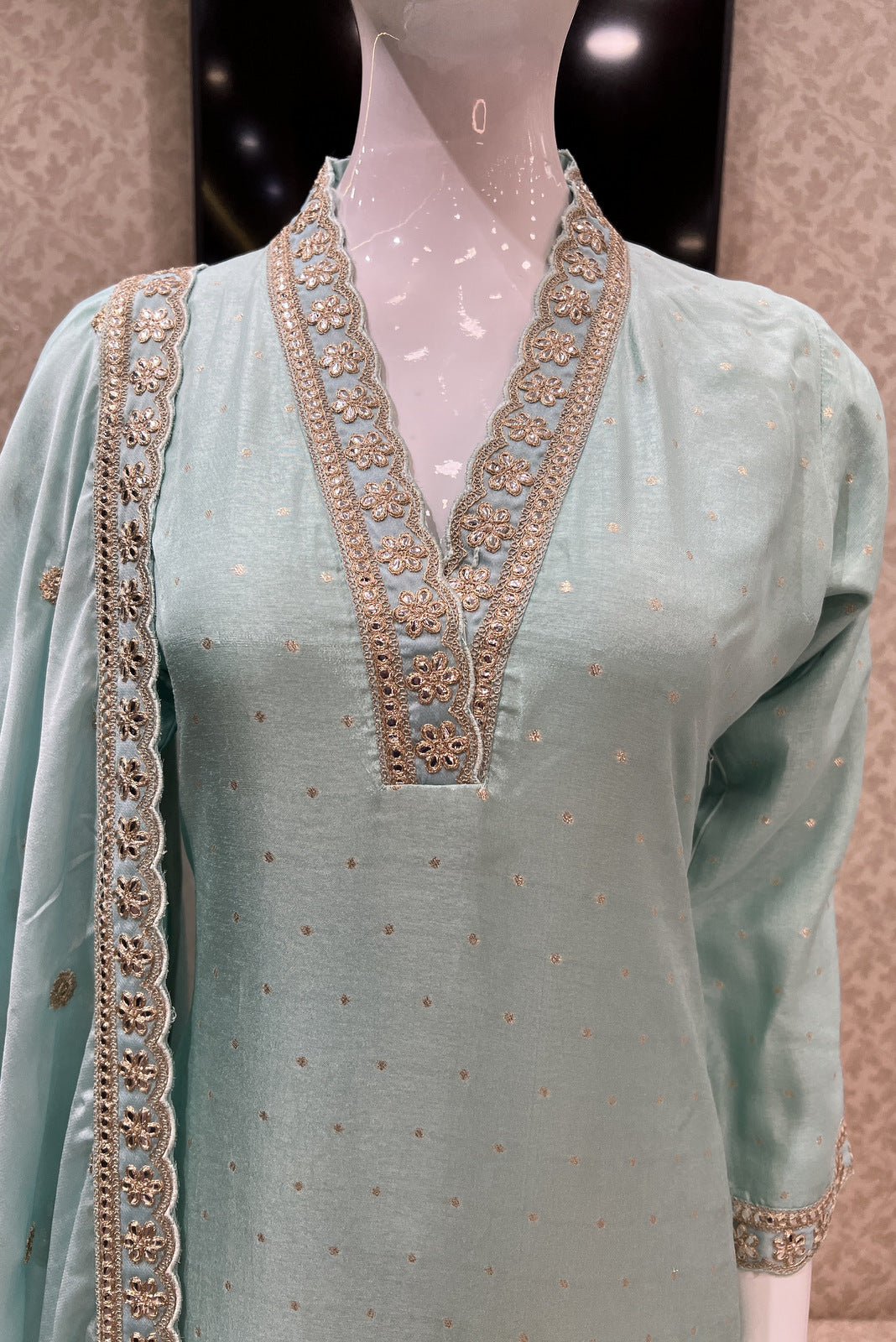 Sea Green Banaras, Sequins and Zari work Straight Cut Salwar Suit