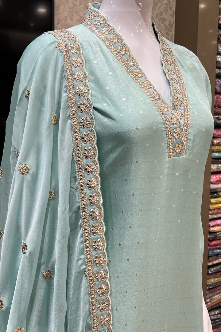 Sea Green Banaras, Sequins and Zari work Straight Cut Salwar Suit