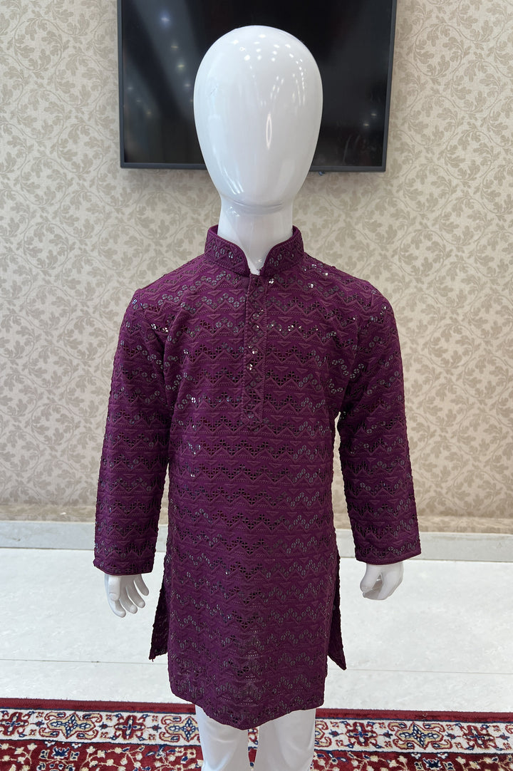 Wine with White Lucknowi Thread and Sequins work Kurta Set for Boys