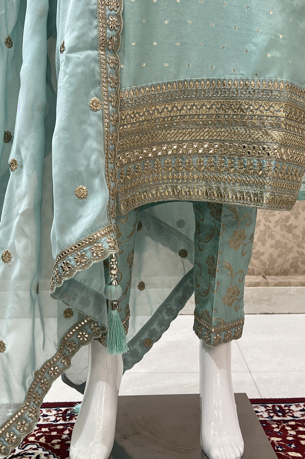 Sea Green Banaras, Sequins and Zari work Straight Cut Salwar Suit