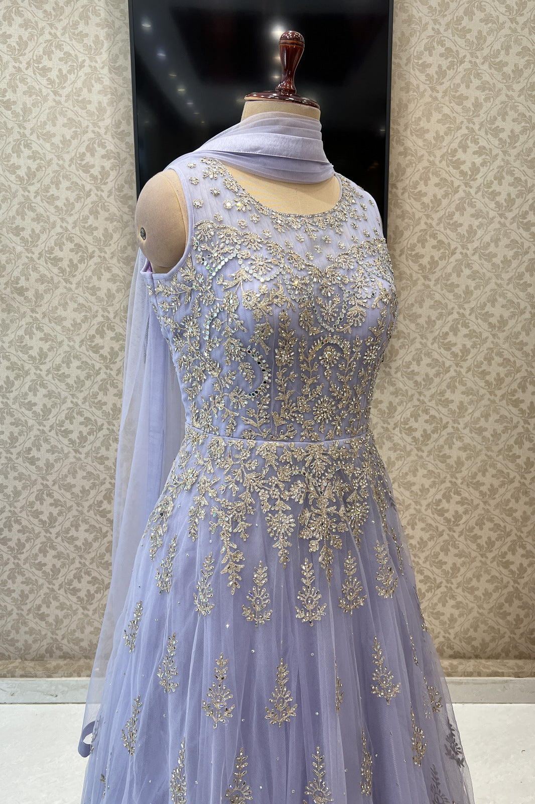 Lavender Mirror, Stone and Zari work Bridal and Partywear Gown