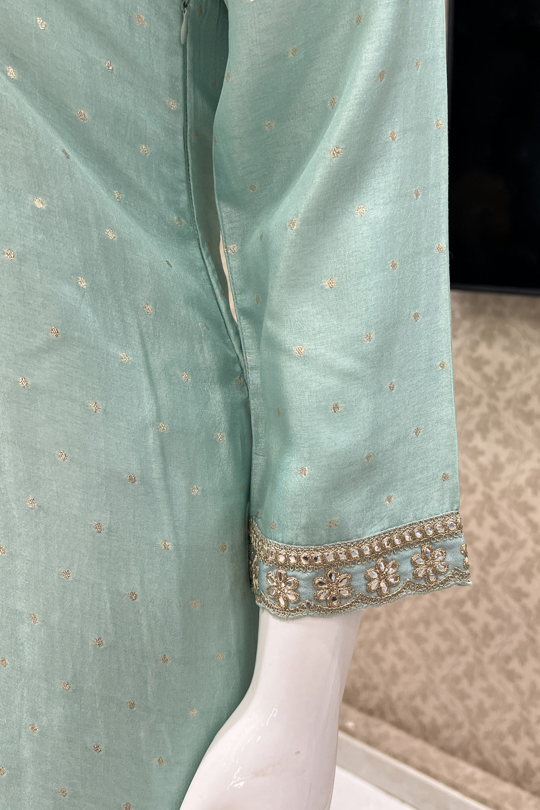 Sea Green Banaras, Sequins and Zari work Straight Cut Salwar Suit