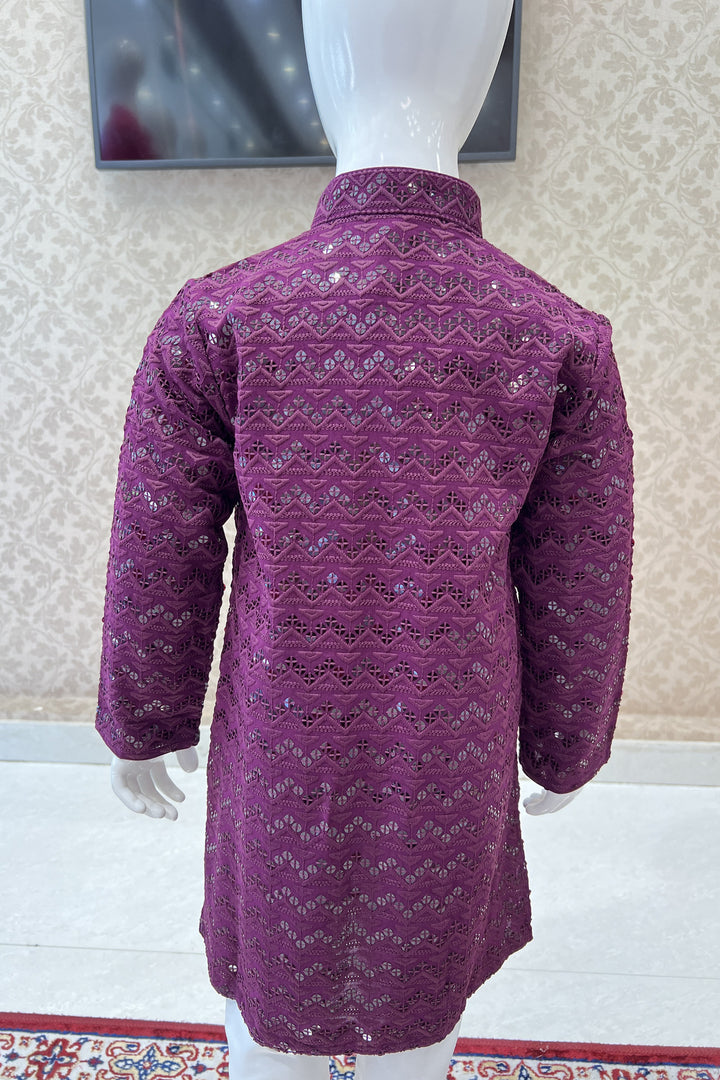 Wine with White Lucknowi Thread and Sequins work Kurta Set for Boys