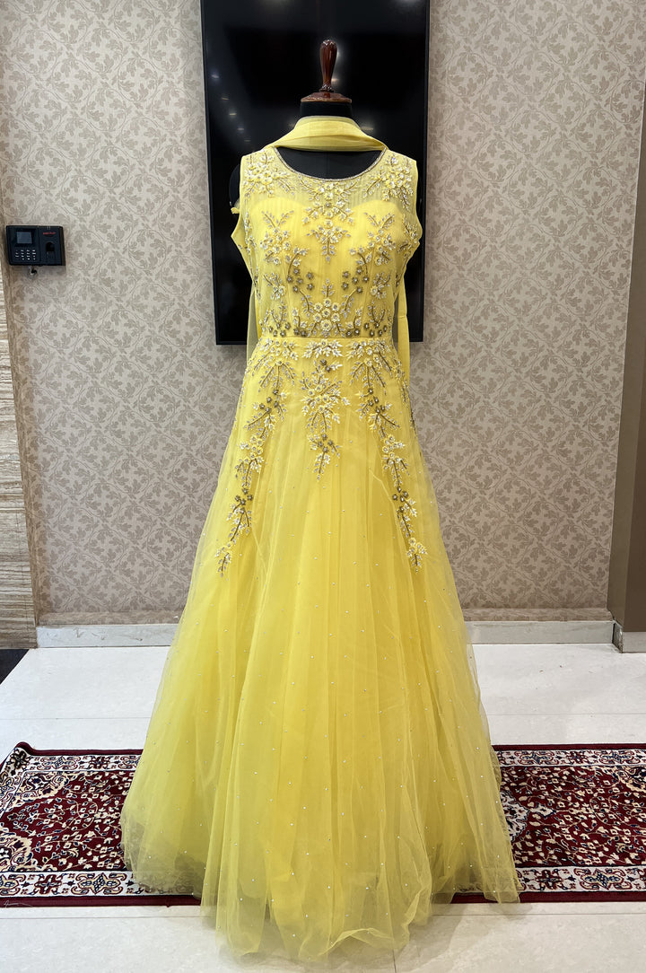 Yellow Sequins, Stone and Beads work Bridal and Partywear Gown