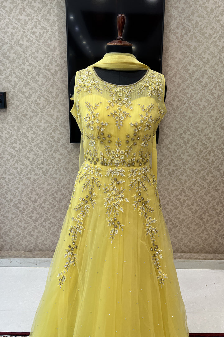 Yellow Sequins, Stone and Beads work Bridal and Partywear Gown