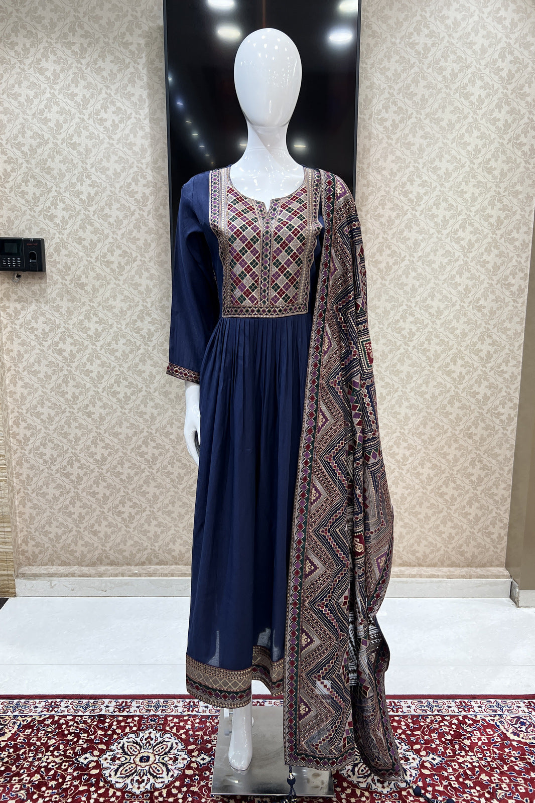 Navy Blue Sequins and Multicolor Thread work Salwar Suit with Straight Pants