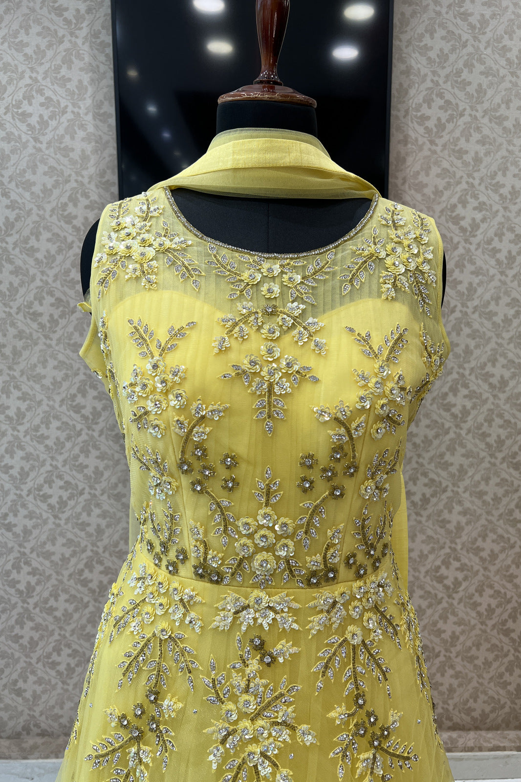 Yellow Sequins, Stone and Beads work Bridal and Partywear Gown