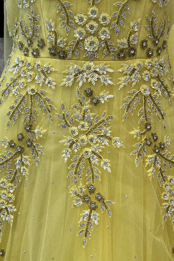 Yellow Sequins, Stone and Beads work Bridal and Partywear Gown