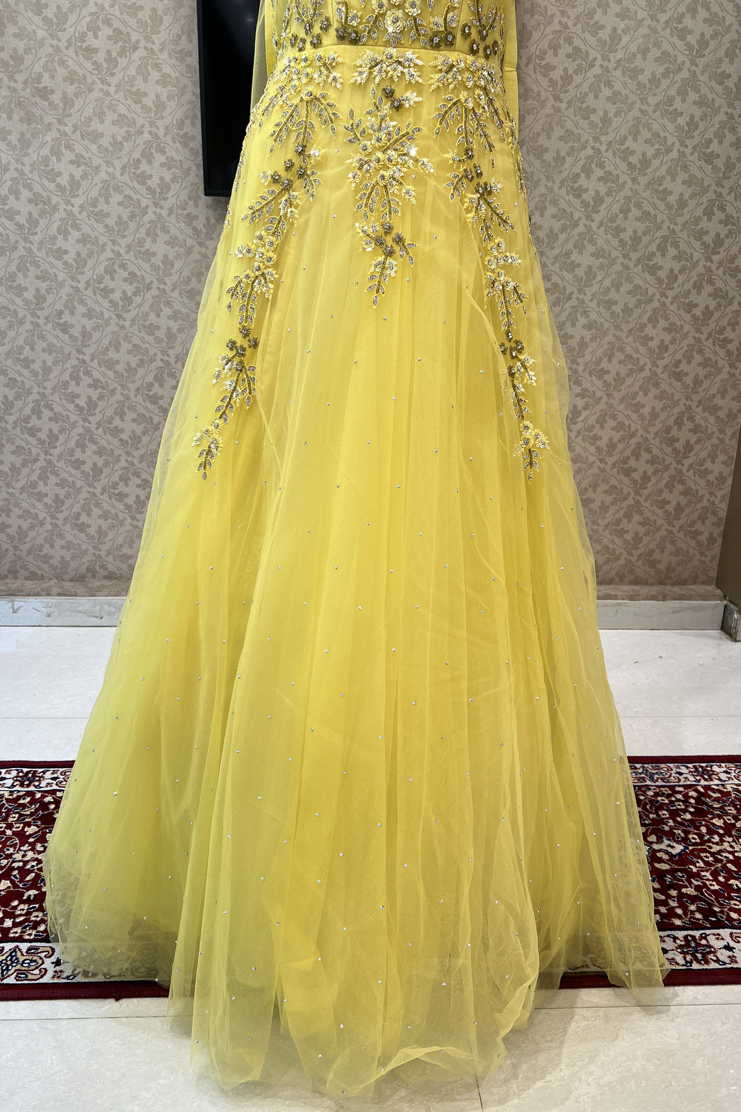 Yellow Sequins, Stone and Beads work Bridal and Partywear Gown