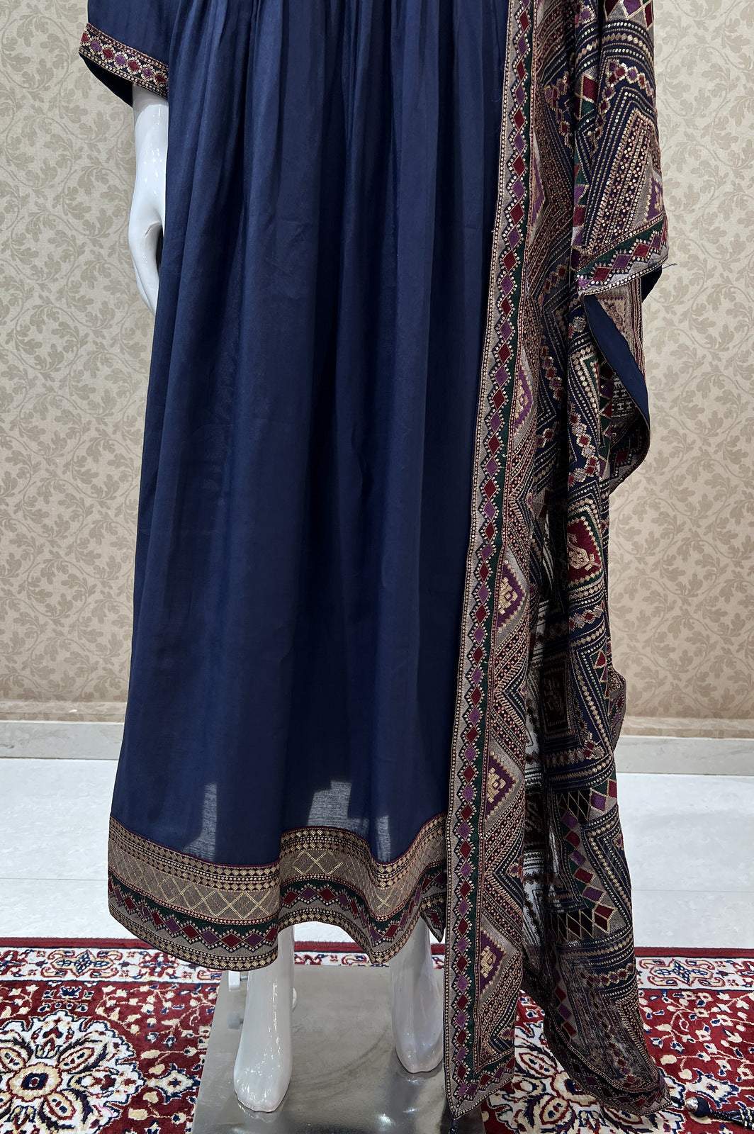 Navy Blue Sequins and Multicolor Thread work Salwar Suit with Straight Pants