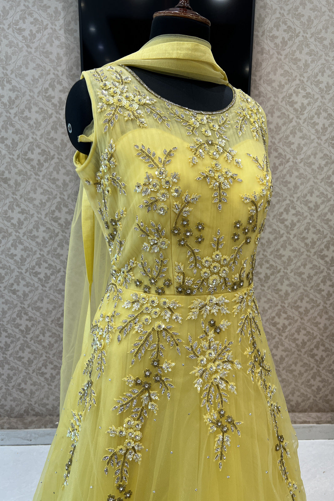 Yellow Sequins, Stone and Beads work Bridal and Partywear Gown