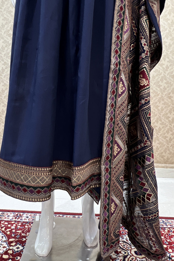 Navy Blue Sequins and Multicolor Thread work Salwar Suit with Straight Pants