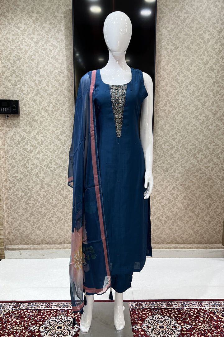 Peacock Blue Zari, Zardozi and Stone work Straight Cut Salwar Suit with Floral Print Dupatta