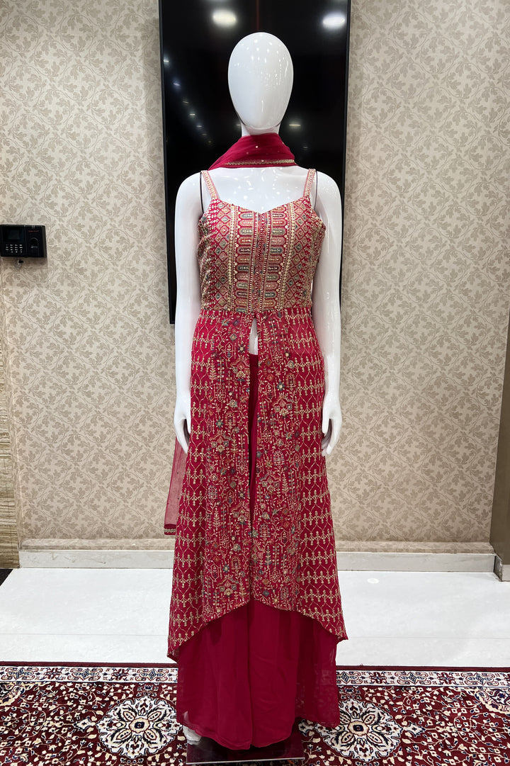 Rani Pink Zari, Sequins and Multicolor Thread work Salwar Suit with Palazzo Pants