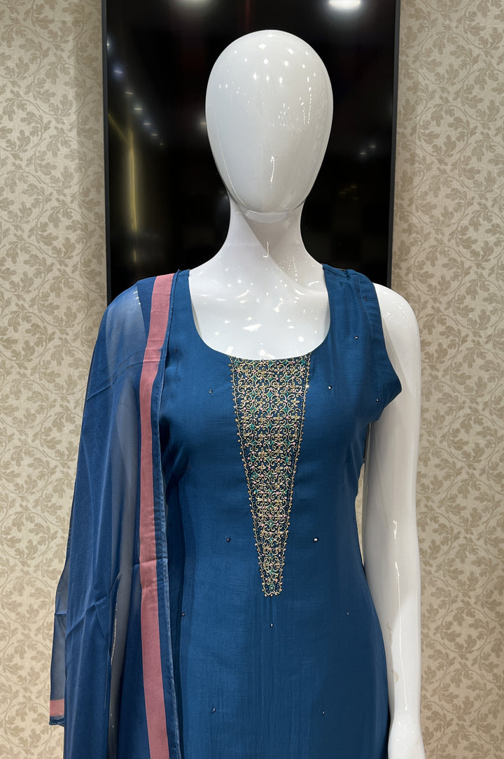 Peacock Blue Zari, Zardozi and Stone work Straight Cut Salwar Suit with Floral Print Dupatta