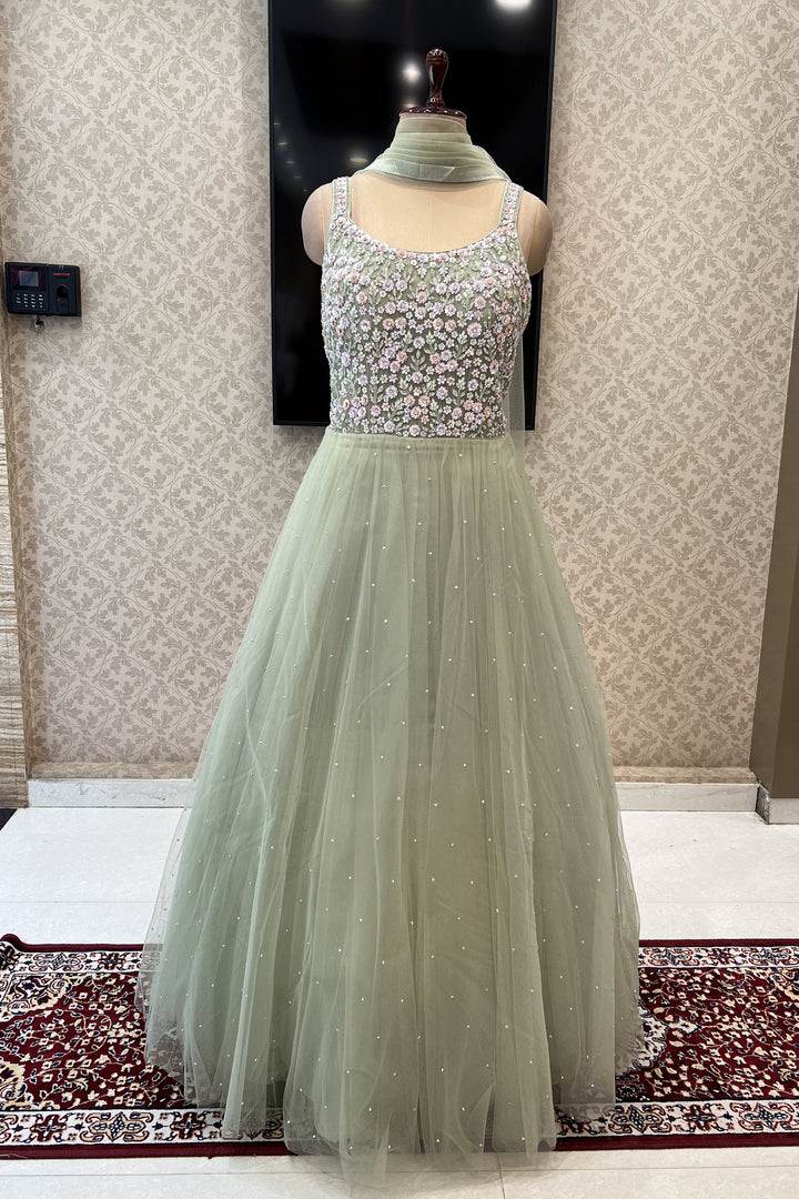 Pastel Green Sequins, Beads and Stone work Bridal and Partywear Gown