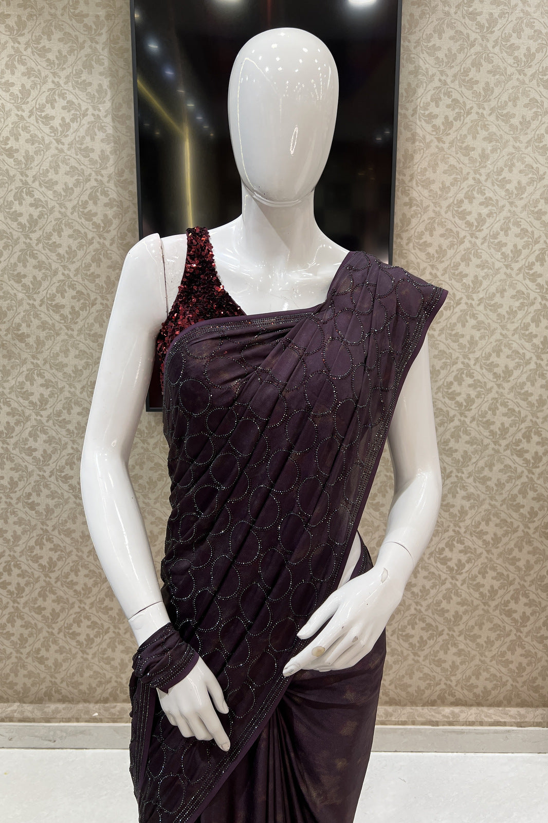 Wine Stone work with Digital Print Saree