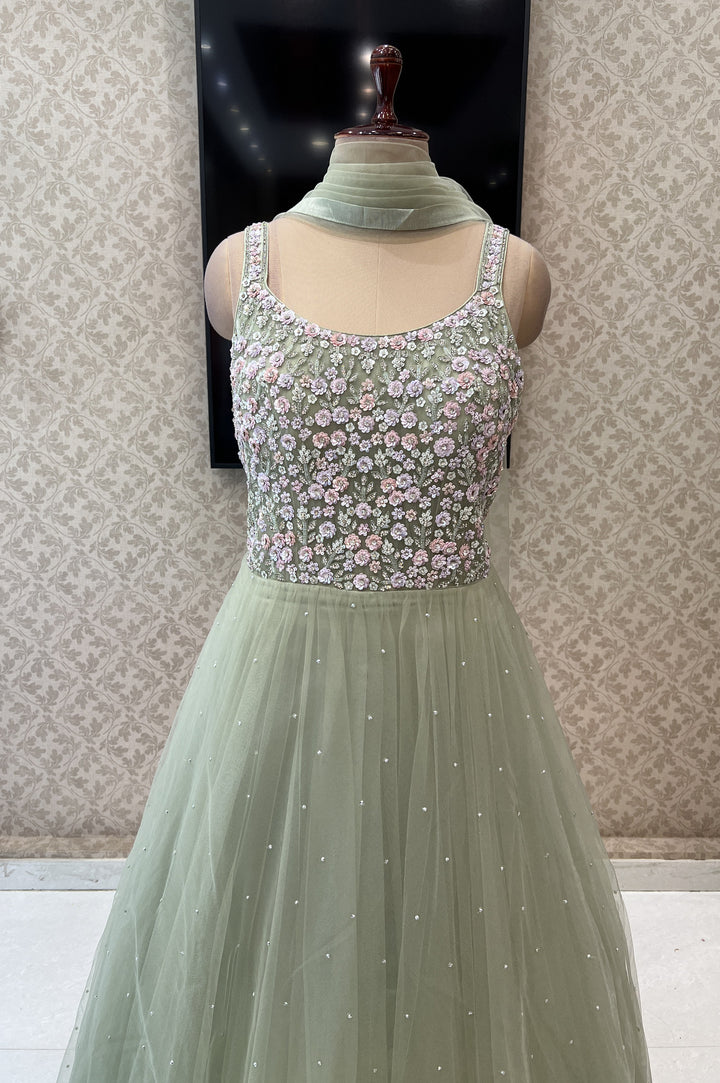 Pastel Green Sequins, Beads and Stone work Bridal and Partywear Gown