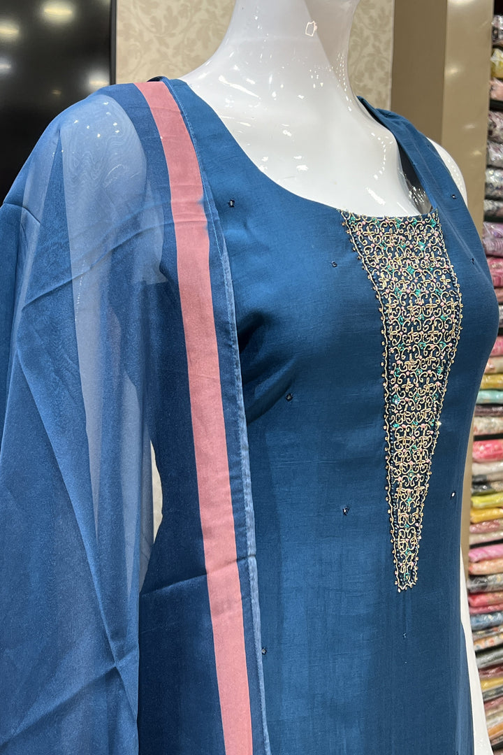 Peacock Blue Zari, Zardozi and Stone work Straight Cut Salwar Suit with Floral Print Dupatta