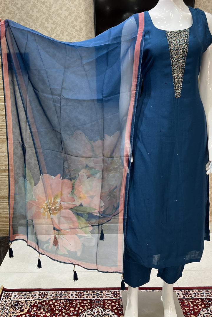 Peacock Blue Zari, Zardozi and Stone work Straight Cut Salwar Suit with Floral Print Dupatta