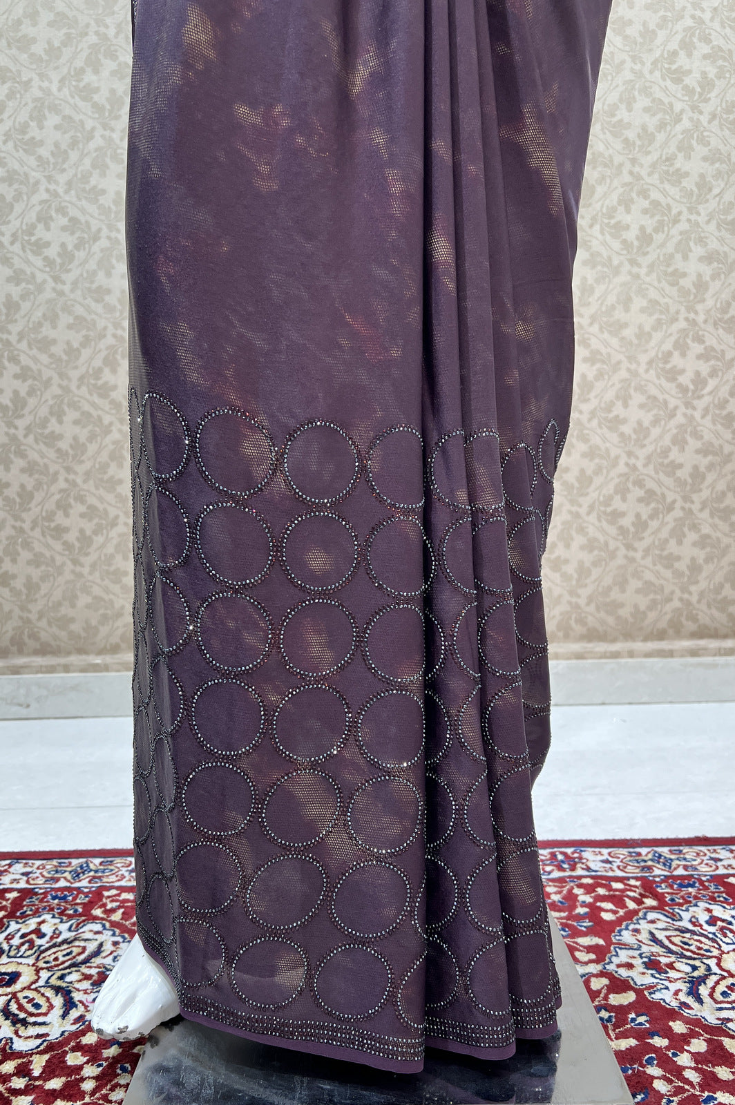 Wine Stone work with Digital Print Saree