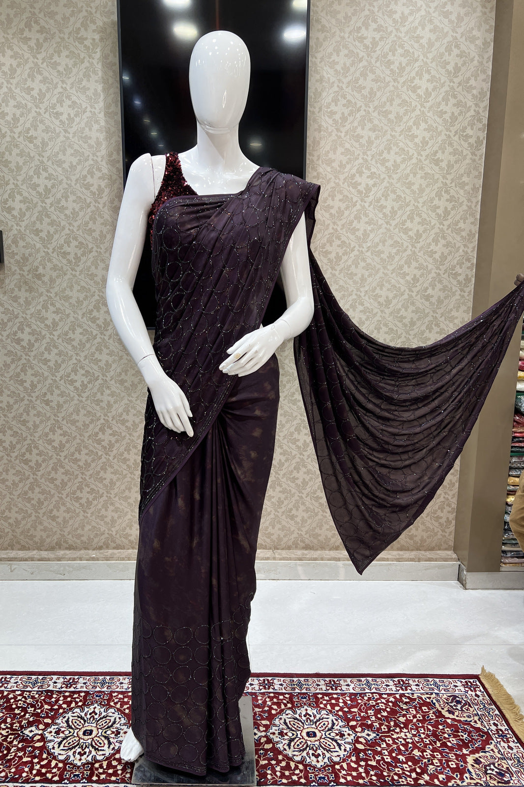 Wine Stone work with Digital Print Saree