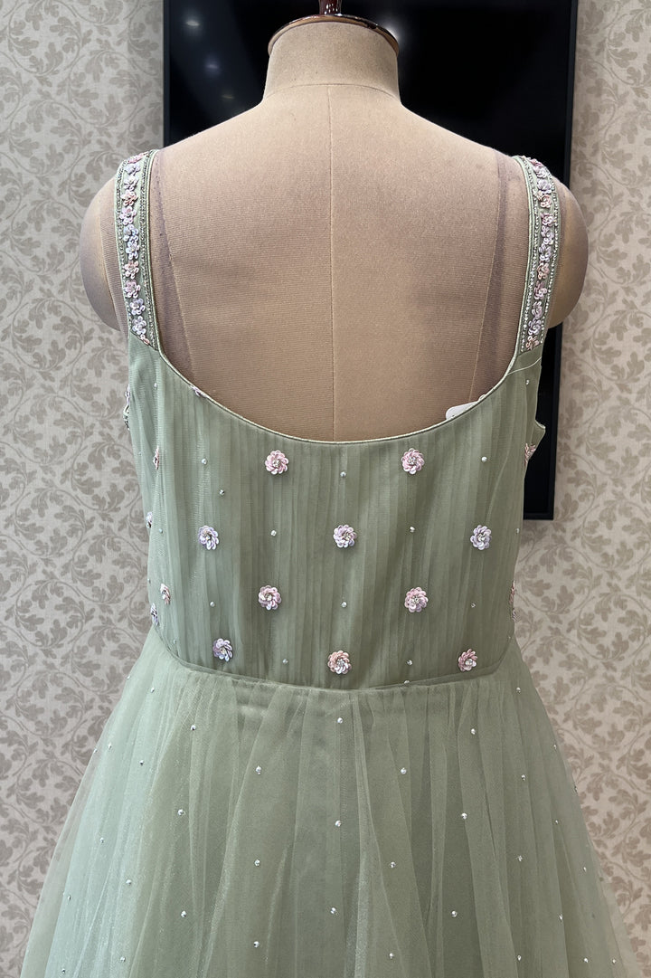 Pastel Green Sequins, Beads and Stone work Bridal and Partywear Gown