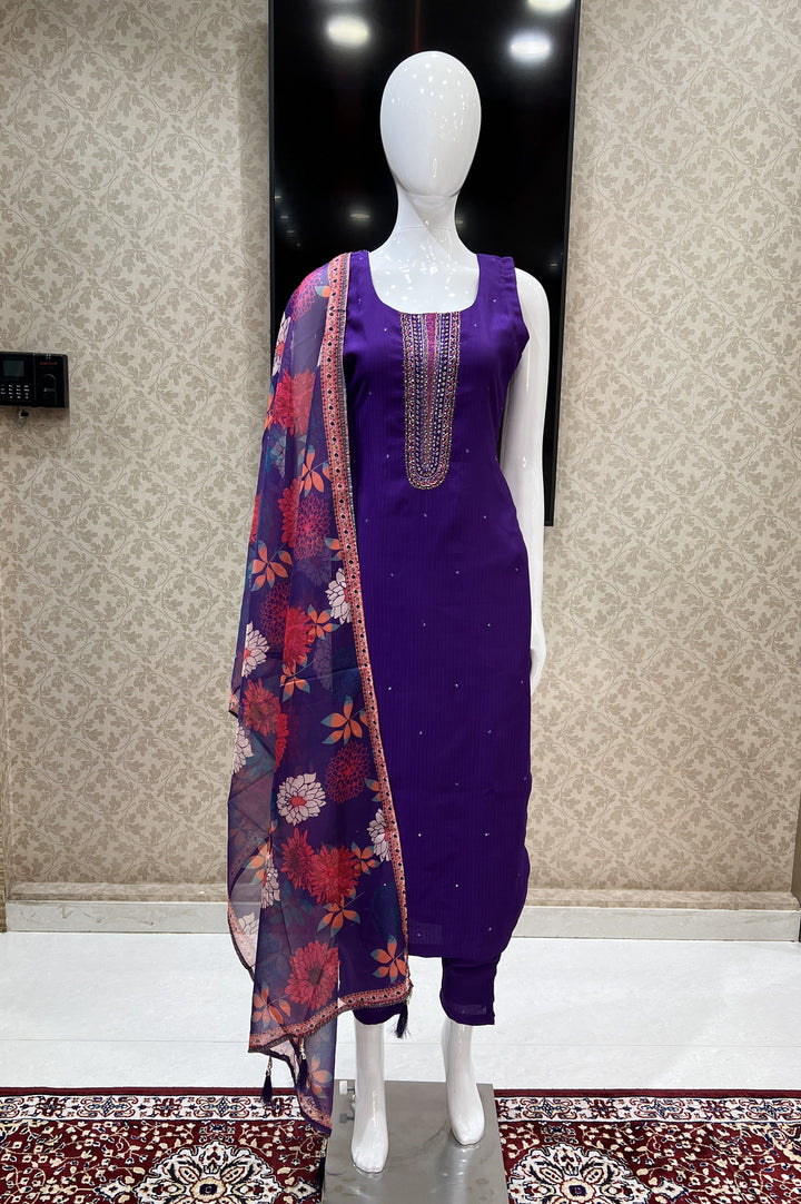 Violet Thread, Stone and Sequins work Straight Cut Salwar Suit with Floral Print Dupatta